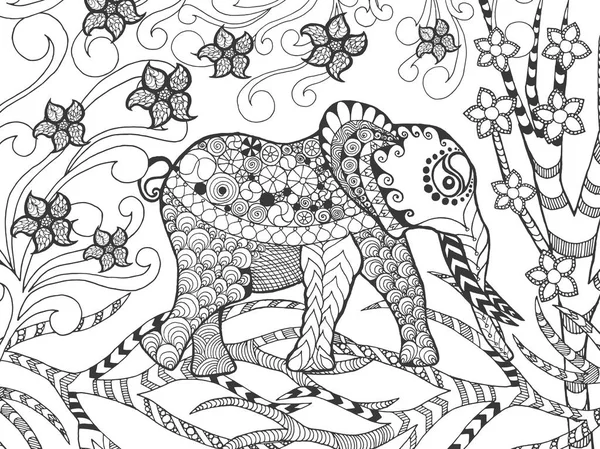 Elefante estilizado Zentangle en jardín de fantasía — Vector de stock
