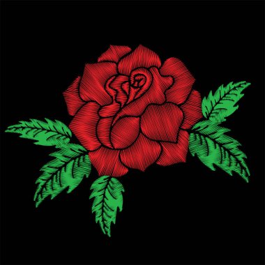 Siyah arka plan üzerinde yeşil yaprak nakış ile kırmızı güller.