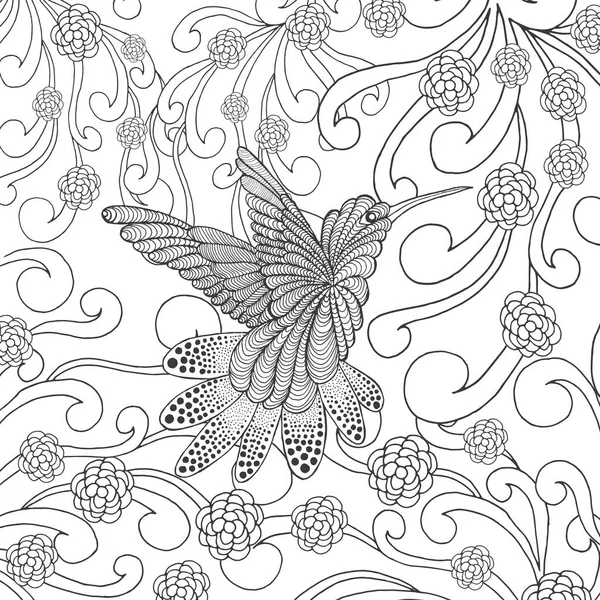 Zentangle stylized hummingbird in flower garden — Stock Vector