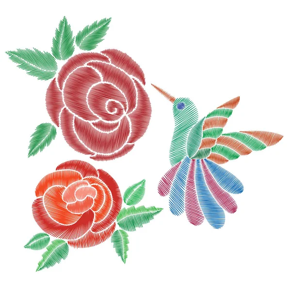 Pássaro com bordados de rosas — Vetor de Stock
