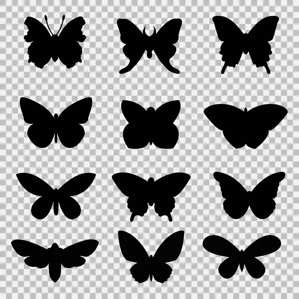 Zwarte vlinders ingesteld op transparante achtergrond — Stockvector