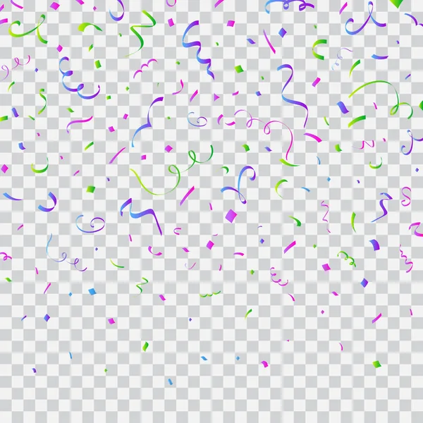 Coloré lumineux tombant confettis et ruban — Image vectorielle