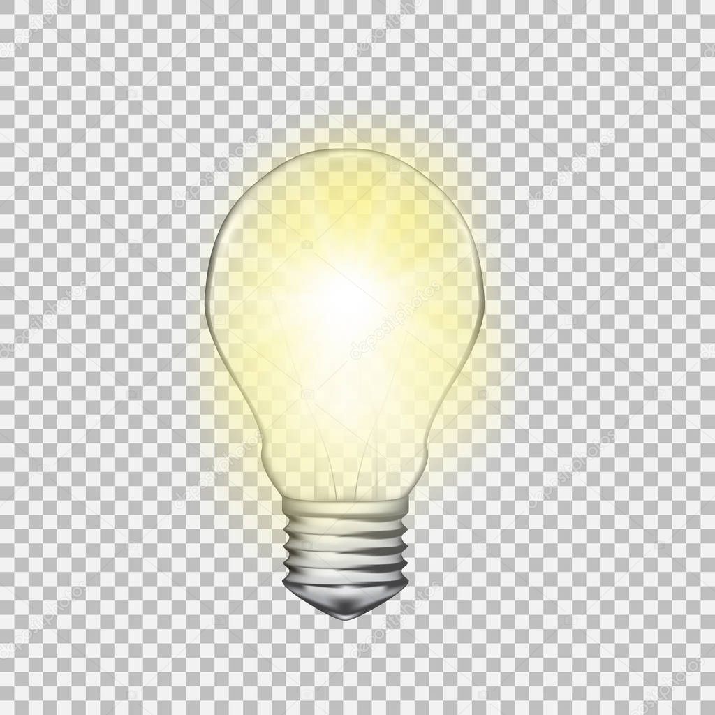 Realistic vector transparent light bulb. Light effect illustration.