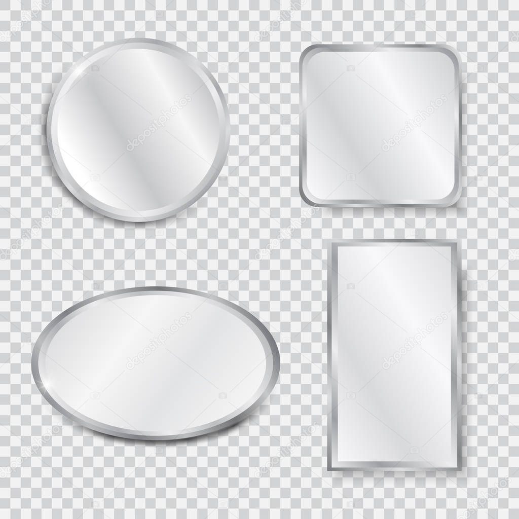 Set of realistic geometrical mirrors. Chrome frame. Vector illustration of different forms with blurry reflection.