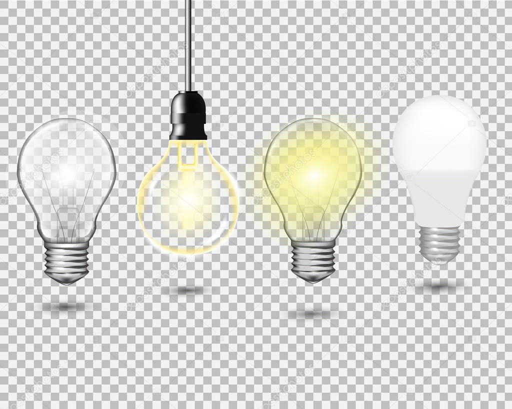 Set of realistic vector transparent light bulb. Light effect illustration.
