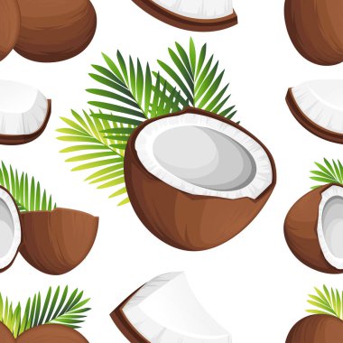 Seamless modeli. Hindistan cevizi illüstrasyon. Bütün ve parça Hindistan cevizi yeşil palmiye yaprakları ile. Organik gıda içerikler, doğal tropikal ürün. Beyaz arka plan üzerinde vektör çizim.
