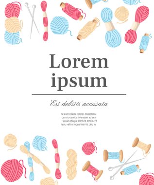 Dikiş iğnesi ve konu. İş parçacığı biriktirme, iplik yumağı. Beyaz arka plan üzerinde vektör çizim. Metniniz için yer.