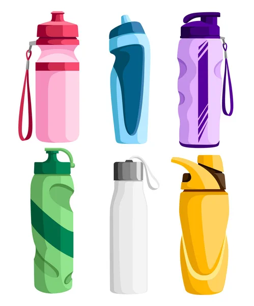 Spor şişe topluluğu. Bisiklet Plastik şişe. Açık hava etkinlikleri. Farklı formlarda su kapları. Beyaz arka plan üzerinde izole vektör çizim.