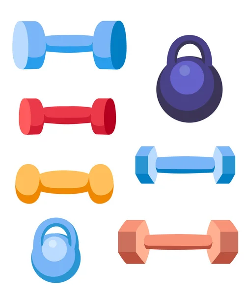 Weight Dumbbells Training Equipment Sports Collection Various Colors Flat Vector — Stock Vector
