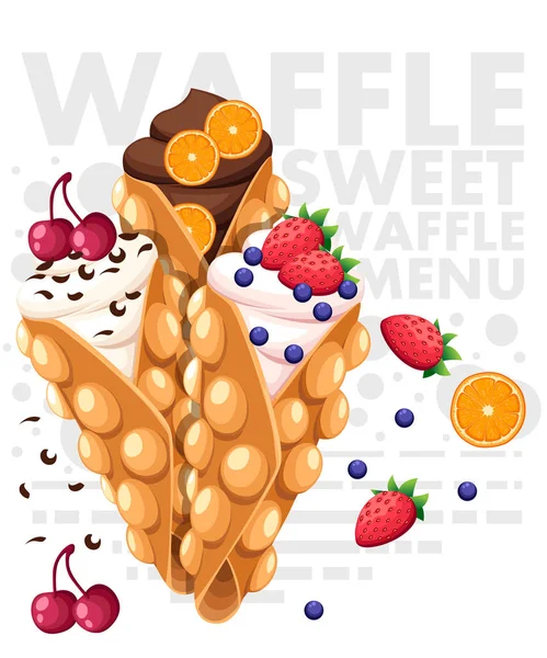 Waffles Hong Kong Waffle Com Morango Cereja Laranja Chantilly Ilustração — Vetor de Stock