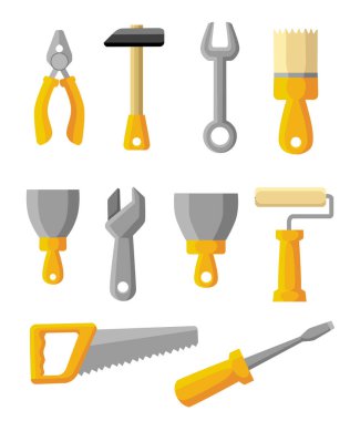 İş araçları simgeler kümesi. Oluşturma araçları, inşaat binalar, çekiç, tornavida, testere, dosyanın, macun spatulası, cetvel, rulo, fırça. Düz stil tasarım. Beyaz arka plan üzerinde izole vektör çizim.
