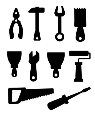 Siyah siluet. İş araçları simgeler kümesi. Oluşturma araçları, inşaat binalar, çekiç, tornavida, testere, dosyanın, macun spatulası, cetvel, rulo, fırça. Beyaz arka plan üzerinde izole vektör çizim.