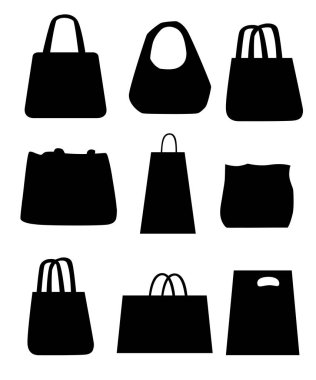 Siyah siluet. Yaz plaj çantası ayarlayın. Düz illüstrasyon kadın yaz çanta. Eko paket, çevre dostu ürün. Beyaz arka plan üzerinde izole vektör çizim.