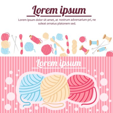 Dikiş öğeleri. Top yün, dikiş örgü iğne ve iplik. Beyaz ve kırmızı zemin üzerine düz stil vektör çizim. Metin için yer. Web sayfası ve mobil uygulaması tasarım.