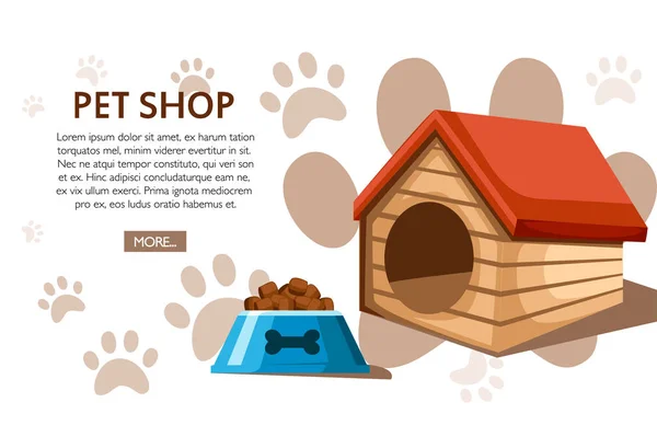 Tierhandelskonzept Hölzerne Hundehütte Mit Rotem Dach Und Futterschale Vektorillustration Auf — Stockvektor