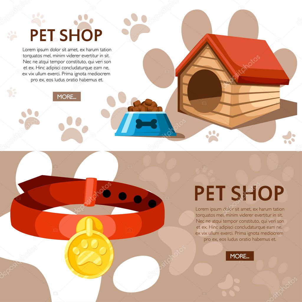 Pet shop concept. Doghouse, bowl and collar. Vector illustration on background with animal footprints. Place for your text. Website page and mobile app design.