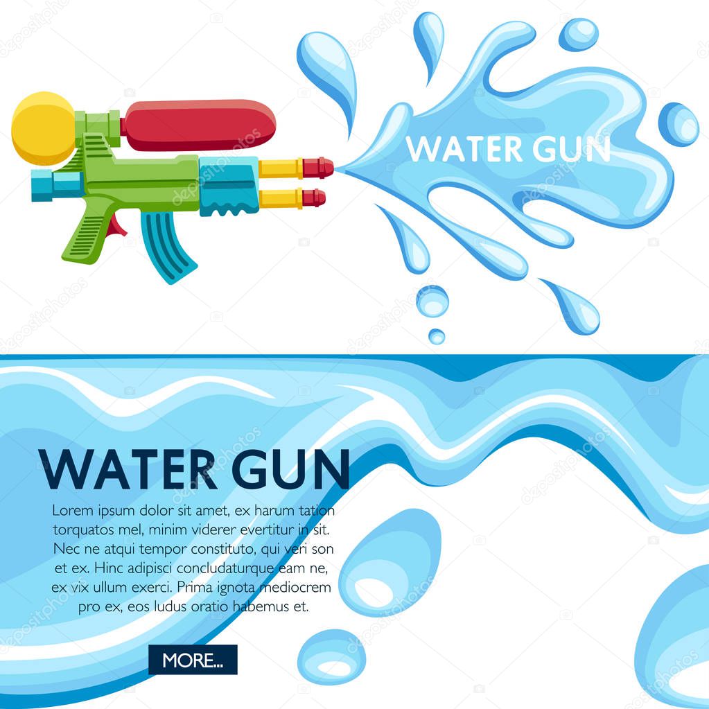 Colorful water gun. Water splash on white background. Flat vector illustration. Place for your text. Website page and mobile app design.