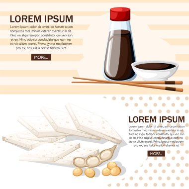 Japon chopsticks ve beyaz bir kase soya sosu. Soya sosu kırmızı kapakları şeffaf şişelerde. Soya ve soya fasulyesi. Beyaz arka plan üzerinde vektör çizim. Web sitesi sayfası ve mobil uygulaması tasarım.