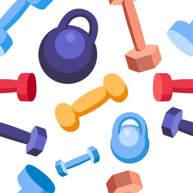 Seamless modeli. Ağırlık ve ekipman eğitim halter. Çeşitli renklerde spor koleksiyonu. Beyaz arka plan üzerinde düz vektör çizim.