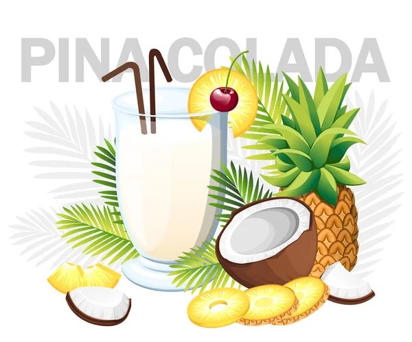 Pina Cola Cocktail Tropischer Cocktail Mit Kokos Und Ananas Glas — Stockvektor