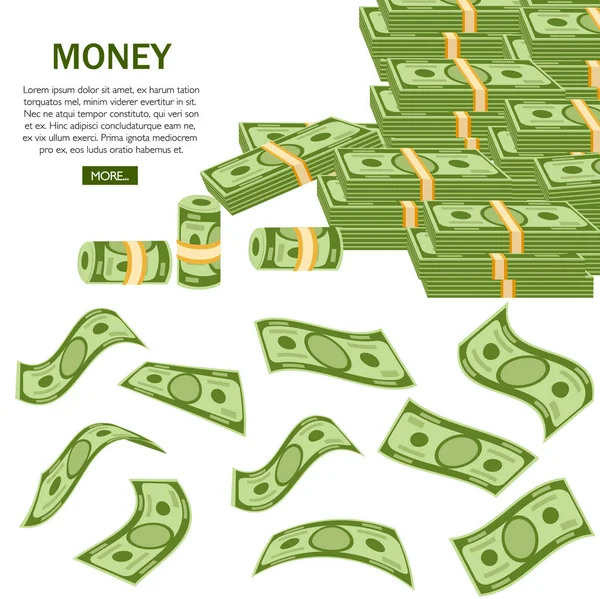 Platte Geld Facturen Groene Dollar Biljetten Vectorillustratie Met Groene Knop — Stockvector