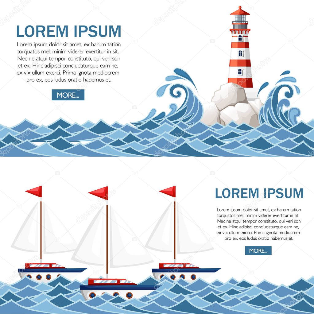 Stormy sea with lighthouse on rock stones island. Small ships on water. Nature or marine design. Flat style. Vector illustration with sky and clouds background.