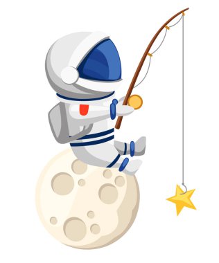 Cute astronaut illustration. Astronaut sits on the moon and fishes. Fishing rod with bait in the form of a star. Cartoon design style. Flat vector illustration isolated on white background. clipart