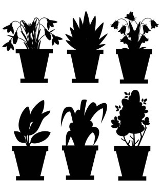 Black silhouette. Set of flowers in pots. Indoor and outdoor landscape garden potted plants. Illustration of flower pot bloom. Vector illustration isolated on white background. clipart
