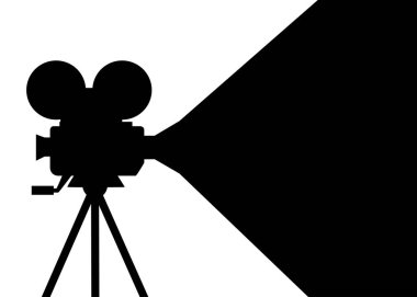 Siyah siluet. Retro Film projektör. Çizgi film vektör çizim. Film makaraları ile film projektör. Beyaz arka plan üzerinde izole vektör çizim.