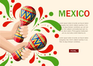 El vektör çizim renkli Marakas tutar. Çift Marakas düz simgesi. Meksika maraca karikatür tarzı. Bej renkli arka plan üzerinde vektör çizim. Web sitesi sayfası ve mobil uygulaması tasarım. Metin için yer.