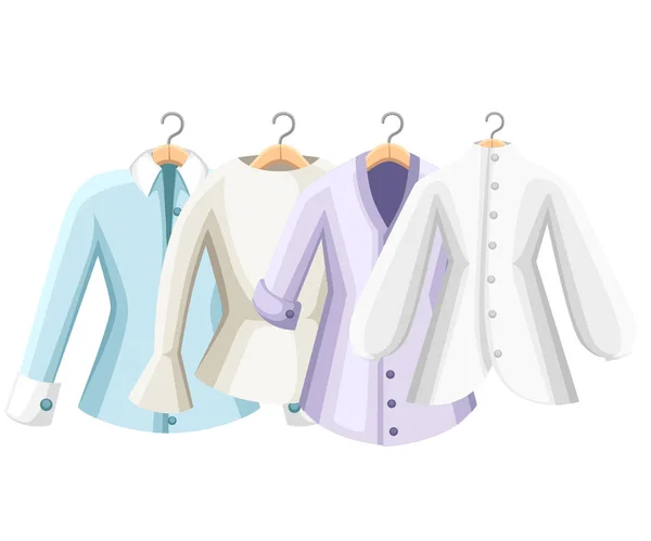 Renkli Bluzlar Kümesi Kadınların Bluz Topluluğu Elbise Askıları Beyaz Arka — Stok Vektör