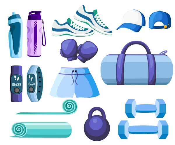 스포츠 액세서리와 집합입니다 파란과 자주색 컬렉션입니다 체육관에서 클래스에 아이콘입니다 일러스트 — 스톡 벡터