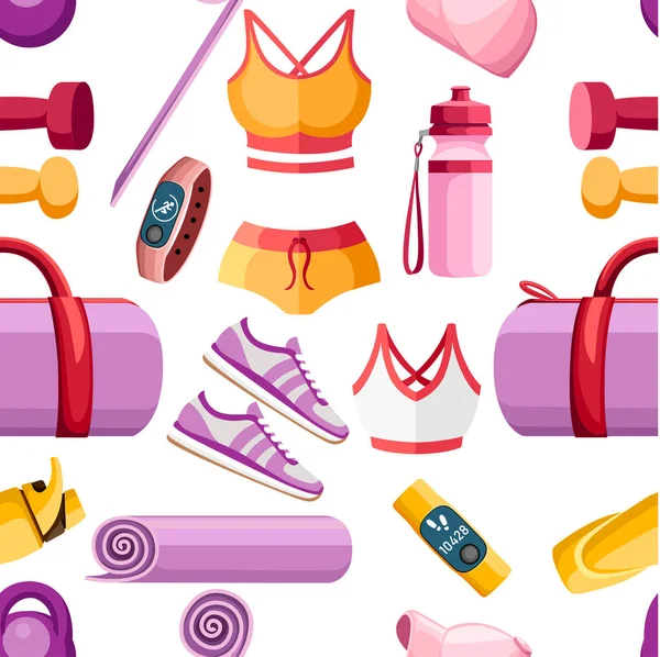 シームレス パターン スポーツ アクセサリーと服のセットです 女性の衣装 オレンジとピンクのカラー コレクション ジムのクラスのためのアイコン 白の背景にベクトル画像 — ストックベクタ