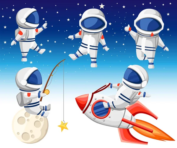 可爱的宇航员收藏 宇航员坐在火箭上 宇航员坐在月球上钓鱼 三名跳舞的宇航员 卡通设计风格 天空背景上的平面矢量图 — 图库矢量图片