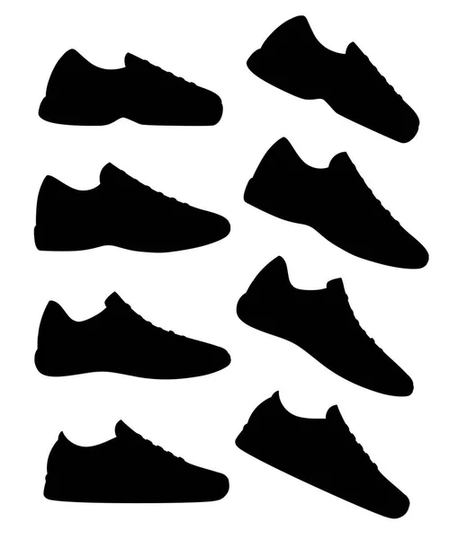 黑色剪影 运动鞋鞋 运动运动鞋矢量插画 健身运动 时尚运动服装 日常运动鞋 在白色背景上隔离的矢量插图 — 图库矢量图片