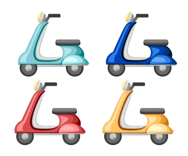 Uppsättning Retro Scooter Flat Vektor Ikonen Gamla Transport Illustration Tecknade — Stock vektor