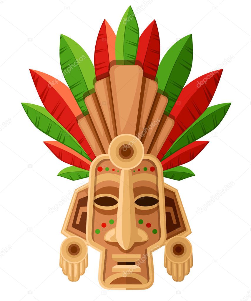 Ethnic tribal mask. Mask with green and red leaf. Ritual headdress, colorful. Vector illustration isolated on white background.