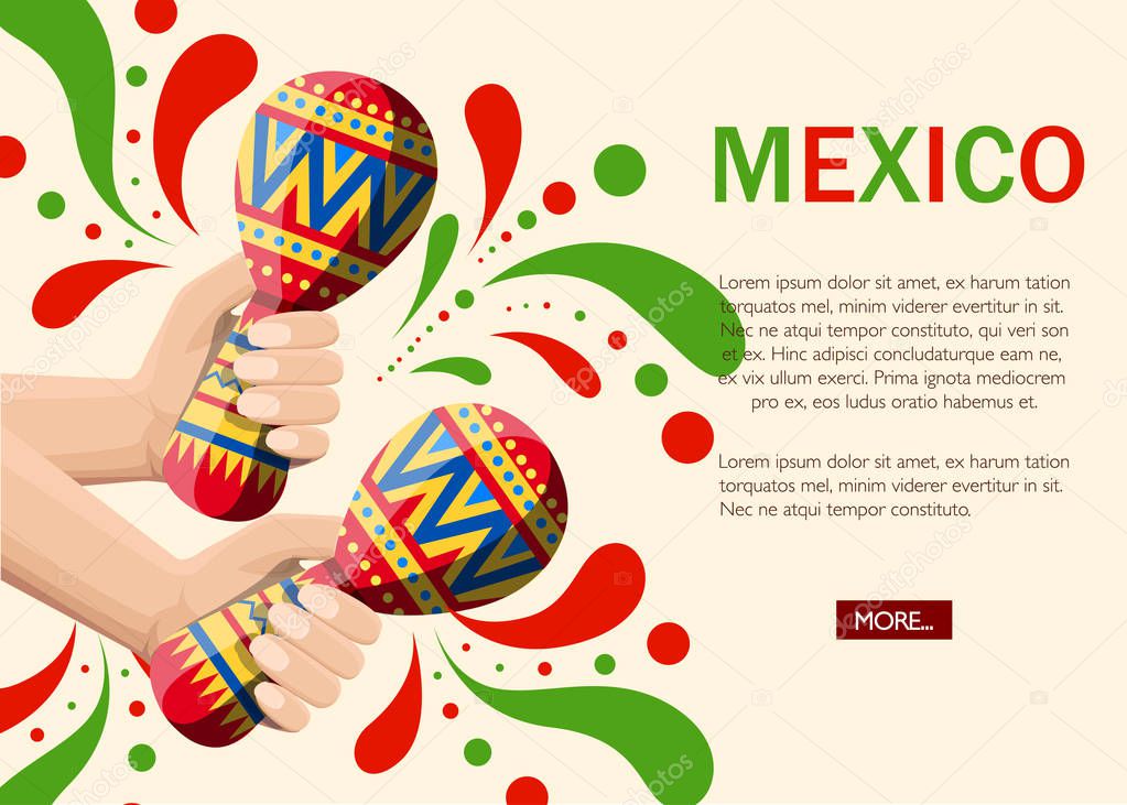 Vector illustration of hand holds colorful maracas. Pair maracas flat icon. Mexican maraca cartoon style. Vector illustration on beige background. Web site page and mobile app design. Place for text.