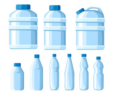 Plastik su şişesi küme. Sağlıklı agua şişe vektör çizim. Plastik kap içinde temiz içki. Şişe su ile için şablonlar. Beyaz arka plan üzerinde izole vektör çizim.