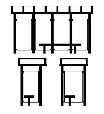 Siyah siluet. Otobüs durağı illüstrasyon. Toplu taşıma ile koltuk durdurmak. Beyaz arka plan üzerinde izole vektör çizim.