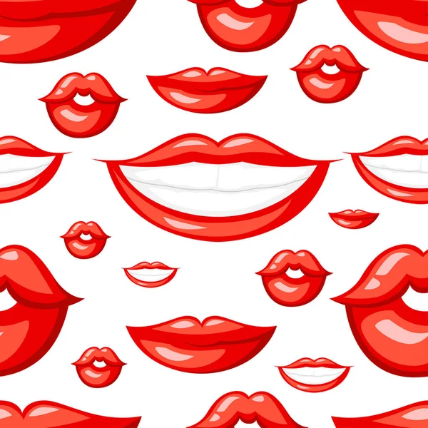 Varrat Nélküli Mintát Piros Ajkak Illusztráció Mosolyogva Csókot Érzelem Fehér — Stock Vector