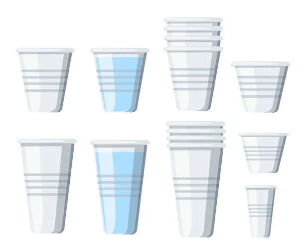 Ensemble Gobelets Plastique Tasses Jetables Transparentes Différentes Tailles Verres Vides — Image vectorielle