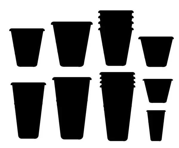 Черный Силуэт Набор Пластиковых Стаканчиков Прозрачные Одноразовые Чашки Разных Размеров — стоковый вектор