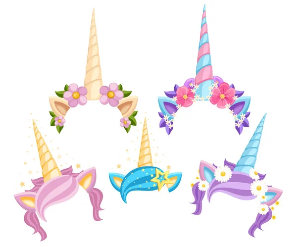 Colección Tiaras Unicornio Con Flores Hojas Diadema Accesorios Moda Vectorial — Vector de stock