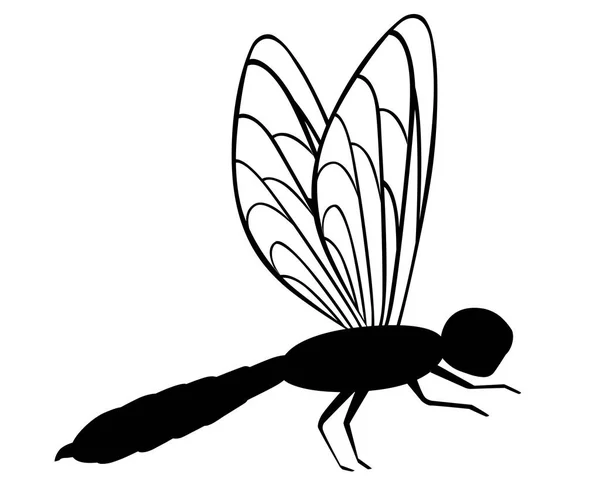 黒のシルエット 漫画のトンボの図 飛ぶ昆虫野生動物オブジェクト 白い背景で隔離のフラット ベクトル図 — ストックベクタ