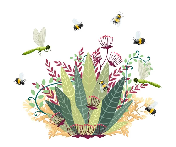 绿灌木与苍蝇昆虫 卡通风格设计 有花元素的蜜蜂和蜻蜓 在白色背景上隔离的平面矢量图 — 图库矢量图片