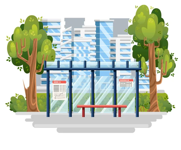 Busshållplatsen Illustration Modern Stad Bakgrund Platt Designstil Gröna Träd Och — Stock vektor