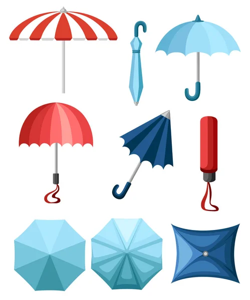Samling Paraplyer Platt Stil Design Parasoller Olika Positioner Parasol Öppnas — Stock vektor
