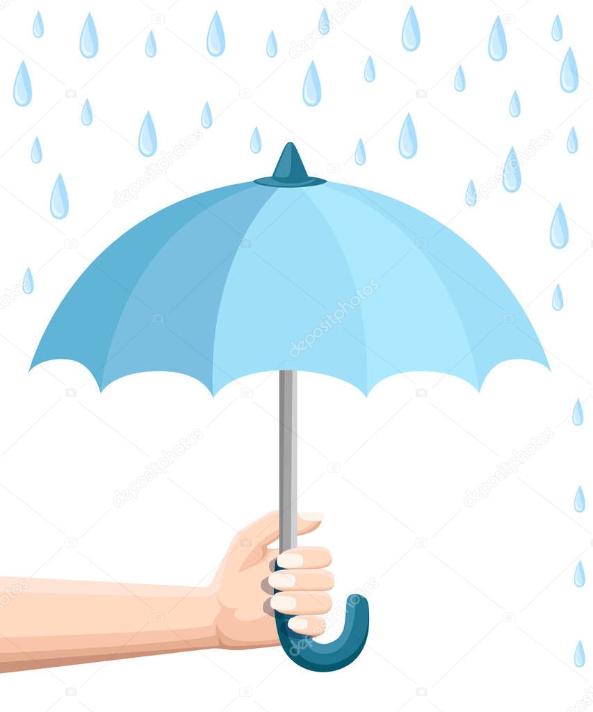 Hand holding blue umbrella. Umbrella protection from rain. Flat style design. Vector illustration isolated on white background.