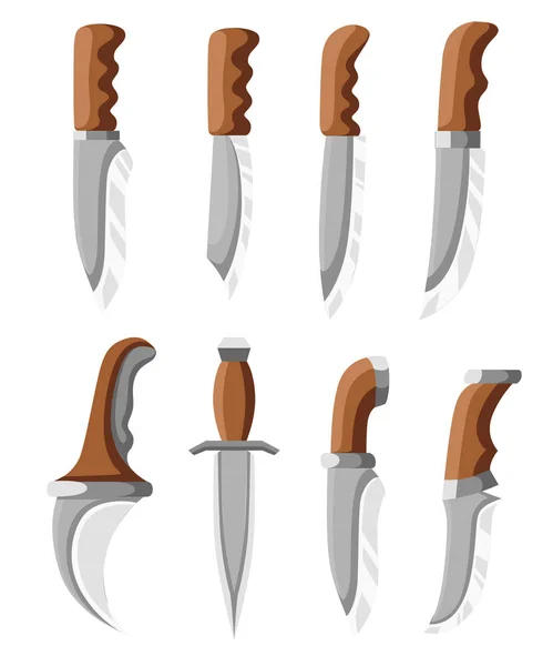 Collection Poignards Couteaux Tactiques Domestiques Poignée Acier Inoxydable Bois Illustration — Image vectorielle